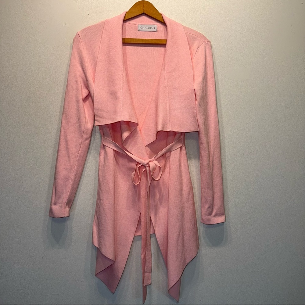 Chicwish Women Waterfall Longline Cardigan Open Front Attached Waist Tie Pink